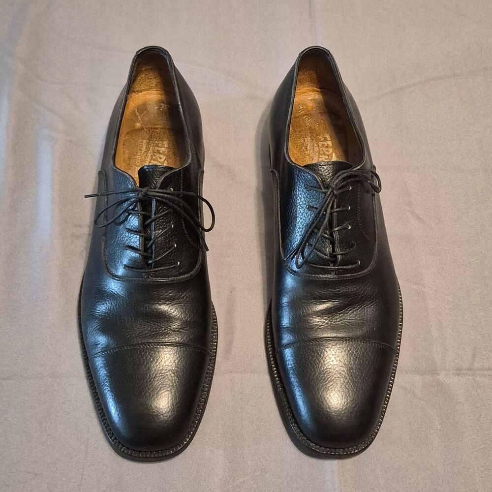 Salvatore Ferragamo Cap Toe Oxford Men Size 9 Black Leather Italian Dress Shoes